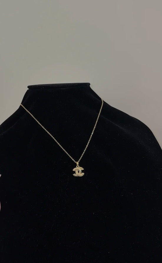 Double CC Logo Pendant Necklace, 18k Gold-Plated Steel