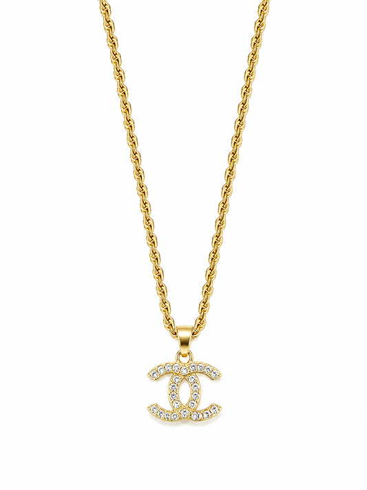 Double CC Logo Pendant Necklace, 18k Gold-Plated Steel